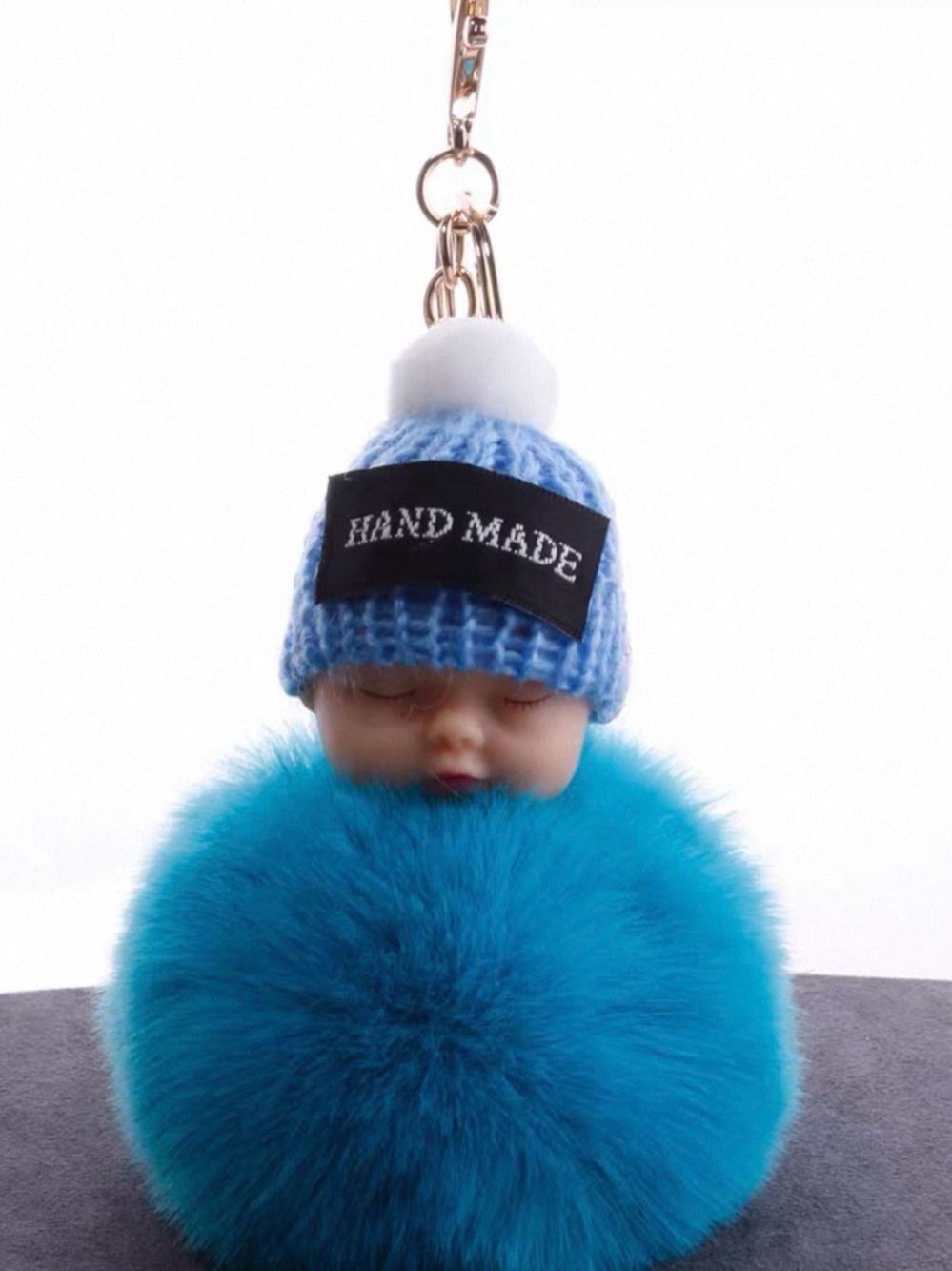 Cute Sleeping Baby Doll Ocean Blue Pom Pom Keychain Bag Charm.